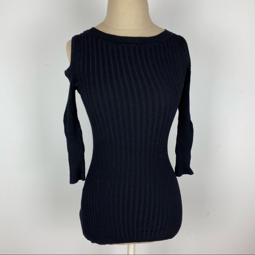 Aqua Black Cold Shoulder Ribbed Sweater